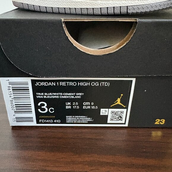 Jordan 1 High OG True Blue Toddler FD1413-410 AJ1 White Cement Grey  Size 3c New - Picture 7 of 7